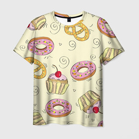 Мужская футболка 3D с принтом Узор Сладости в Петрозаводске, 100% полиэфир | прямой крой, круглый вырез горловины, длина до линии бедер | детский | диета | желтый | капкейк | крендель | нарисованный | паттерн | пирожок | пончик | розовый | сладости | узор