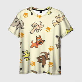 Мужская футболка 3D с принтом Собачки в Петрозаводске, 100% полиэфир | прямой крой, круглый вырез горловины, длина до линии бедер | детский | желтый | забавный | злые | зоо | милый | нарисованный | пёсики | приют | следы | собаки | собачки | узор | щенки