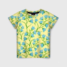 Детская футболка 3D с принтом Колокольчики на желтом фоне в Петрозаводске, 100% гипоаллергенный полиэфир | прямой крой, круглый вырез горловины, длина до линии бедер, чуть спущенное плечо, ткань немного тянется | 8 марта | flowers | summer | ботаническая иллюстрация | весна | желтый | зеленый | колокольчики | лето | любовь | праздник | принт | природа | растения | цветы