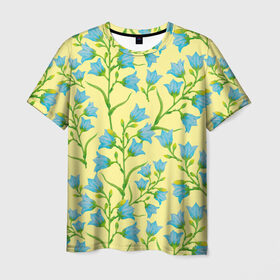 Мужская футболка 3D с принтом Колокольчики на желтом фоне в Петрозаводске, 100% полиэфир | прямой крой, круглый вырез горловины, длина до линии бедер | 8 марта | flowers | summer | ботаническая иллюстрация | весна | желтый | зеленый | колокольчики | лето | любовь | праздник | принт | природа | растения | цветы