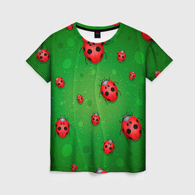 Женская футболка 3D с принтом БОЖЬИ КОРОВКИ в Петрозаводске, 100% полиэфир ( синтетическое хлопкоподобное полотно) | прямой крой, круглый вырез горловины, длина до линии бедер | tegunvteg | божьи | букашки | деревья | зеленый | коровки | лес | листья | насекомые | природа | пятна | тараканы