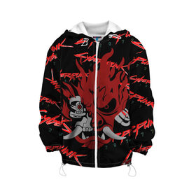 Детская куртка 3D с принтом Cyberpunk2077 red samurai в Петрозаводске, 100% полиэстер | застежка — молния, подол и капюшон оформлены резинкой с фиксаторами, по бокам — два кармана без застежек, один потайной карман на груди, плотность верхнего слоя — 90 г/м2; плотность флисового подклада — 260 г/м2 | Тематика изображения на принте: 2077 | cyber punk 2077 | cyberpunk | cyberpunk2077art | red | samurai | киберпанк | красный 2077