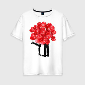 Женская футболка хлопок Oversize с принтом Парочка в Петрозаводске, 100% хлопок | свободный крой, круглый ворот, спущенный рукав, длина до линии бедер
 | влюбленность | мальчик | парные | сердце | шары