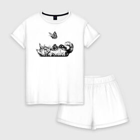 Женская пижама с шортиками хлопок с принтом Котик в Петрозаводске, 100% хлопок | футболка прямого кроя, шорты свободные с широкой мягкой резинкой | бабочка | животное | котик | милый | пушистик