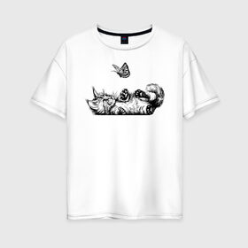 Женская футболка хлопок Oversize с принтом Котик в Петрозаводске, 100% хлопок | свободный крой, круглый ворот, спущенный рукав, длина до линии бедер
 | бабочка | животное | котик | милый | пушистик