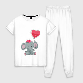 Женская пижама хлопок с принтом Влюбленный слоник в Петрозаводске, 100% хлопок | брюки и футболка прямого кроя, без карманов, на брюках мягкая резинка на поясе и по низу штанин | влюбленность | животные | мальчик | парные | сердце | слоник | шары