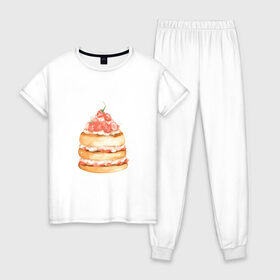 Женская пижама хлопок с принтом Панкейки в Петрозаводске, 100% хлопок | брюки и футболка прямого кроя, без карманов, на брюках мягкая резинка на поясе и по низу штанин | клубничка | сладости | тортик