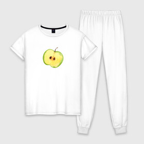 Женская пижама хлопок с принтом Яблочко в Петрозаводске, 100% хлопок | брюки и футболка прямого кроя, без карманов, на брюках мягкая резинка на поясе и по низу штанин | зеленое | фрукты | яблоко