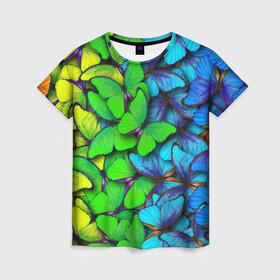 Женская футболка 3D с принтом Радужные бабочки в Петрозаводске, 100% полиэфир ( синтетическое хлопкоподобное полотно) | прямой крой, круглый вырез горловины, длина до линии бедер | абстракция | бабочки | градиент | неон | природа | радуга | узор | фон | яркий узор