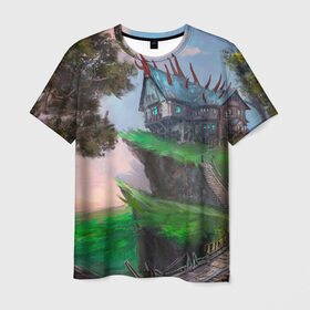 Мужская футболка 3D с принтом Гильдия магов в Петрозаводске, 100% полиэфир | прямой крой, круглый вырез горловины, длина до линии бедер | fantasy | nature | tree | дерево | дом | зеленый | магия | пейзаж | природа | фэнтези