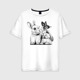 Женская футболка хлопок Oversize с принтом Зайки в Петрозаводске, 100% хлопок | свободный крой, круглый ворот, спущенный рукав, длина до линии бедер
 | бабочка | зайчик | милый | пушистик