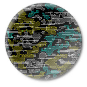 Значок с принтом Futuristic Camo в Петрозаводске,  металл | круглая форма, металлическая застежка в виде булавки | Тематика изображения на принте: cyberpunk | glitch | глитч | камуфляж | киберпанк | футуристичный