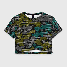 Женская футболка Crop-top 3D с принтом Futuristic Camo в Петрозаводске, 100% полиэстер | круглая горловина, длина футболки до линии талии, рукава с отворотами | Тематика изображения на принте: cyberpunk | glitch | глитч | камуфляж | киберпанк | футуристичный