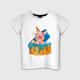 Детская футболка хлопок с принтом Свинка в Петрозаводске, 100% хлопок | круглый вырез горловины, полуприлегающий силуэт, длина до линии бедер | Тематика изображения на принте: свинья | тортик | хрюшка