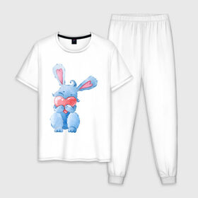 Мужская пижама хлопок с принтом Зайка в Петрозаводске, 100% хлопок | брюки и футболка прямого кроя, без карманов, на брюках мягкая резинка на поясе и по низу штанин
 | заяц | парные | синий