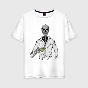 Женская футболка хлопок Oversize с принтом Скелет с кофе в Петрозаводске, 100% хлопок | свободный крой, круглый ворот, спущенный рукав, длина до линии бедер
 | горячий | кости | кофе | кружка | скелет | хипстер | череп