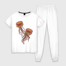 Женская пижама хлопок с принтом Бургеры медузы в Петрозаводске, 100% хлопок | брюки и футболка прямого кроя, без карманов, на брюках мягкая резинка на поясе и по низу штанин | булки | бургер | бутерброд | медуза | мясо | рисунок | щупальца