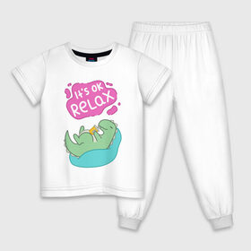 Детская пижама хлопок с принтом Its ok relax в Петрозаводске, 100% хлопок |  брюки и футболка прямого кроя, без карманов, на брюках мягкая резинка на поясе и по низу штанин
 | Тематика изображения на принте: relax | вектор | динозавр | динос | нежные цвета | отдых | пастель