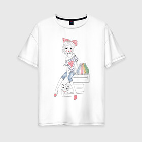 Женская футболка хлопок Oversize с принтом Девушка в Петрозаводске, 100% хлопок | свободный крой, круглый ворот, спущенный рукав, длина до линии бедер
 | tegunvteg | дама с собачкой | животные | кошечка | кошка | силуэт