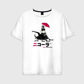 Женская футболка хлопок Oversize с принтом Cyberpunk 2077 Nicola drink в Петрозаводске, 100% хлопок | свободный крой, круглый ворот, спущенный рукав, длина до линии бедер
 | bug | cyberpunk 2077 | drink | girl | japan | nicola