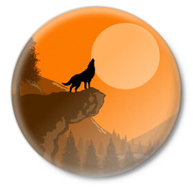 Значок с принтом Оранжевый закат в Петрозаводске,  металл | круглая форма, металлическая застежка в виде булавки | Тематика изображения на принте: animals | wolf | волк | волки | животные | звери | зверь | луна | одиночество | одиночка | пёс | собака