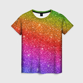 Женская футболка 3D с принтом Блестки радуги в Петрозаводске, 100% полиэфир ( синтетическое хлопкоподобное полотно) | прямой крой, круглый вырез горловины, длина до линии бедер | абстракция | блеск | блестки | блестяжки | блестяшки | градиент | радуга | узор | фон | яркий узор
