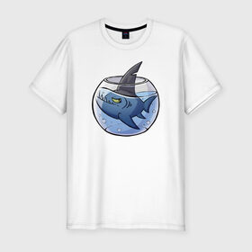 Мужская футболка хлопок Slim с принтом Акула в аквариуме в Петрозаводске, 92% хлопок, 8% лайкра | приталенный силуэт, круглый вырез ворота, длина до линии бедра, короткий рукав | fish | аквариум | акула | рыба