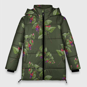 Женская зимняя куртка 3D с принтом Ветки фуксии на темно зеленом в Петрозаводске, верх — 100% полиэстер; подкладка — 100% полиэстер; утеплитель — 100% полиэстер | длина ниже бедра, силуэт Оверсайз. Есть воротник-стойка, отстегивающийся капюшон и ветрозащитная планка. 

Боковые карманы с листочкой на кнопках и внутренний карман на молнии | Тематика изображения на принте: 8 марта | flowers | summer | ботаническая иллюстрация | весна | зеленый | лето | листья | любовь | оливковый | праздник | принт | природа | растения | розовый | фиолетовый | фуксия | цветы