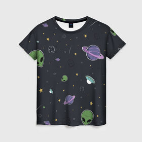 Женская футболка 3D с принтом Space в Петрозаводске, 100% полиэфир ( синтетическое хлопкоподобное полотно) | прямой крой, круглый вырез горловины, длина до линии бедер | звезды | комета | метеориты | нло | планеты | пришелец