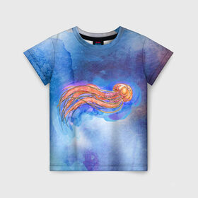 Детская футболка 3D с принтом Медуза акварелью в Петрозаводске, 100% гипоаллергенный полиэфир | прямой крой, круглый вырез горловины, длина до линии бедер, чуть спущенное плечо, ткань немного тянется | акварель | медуза | море | морская | океан | оранжевый | рисунок | синий