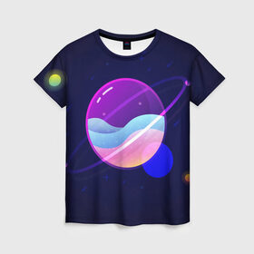 Женская футболка 3D с принтом Солнечная система в Петрозаводске, 100% полиэфир ( синтетическое хлопкоподобное полотно) | прямой крой, круглый вырез горловины, длина до линии бедер | 