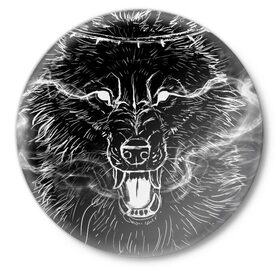 Значок с принтом Canis Inferos в Петрозаводске,  металл | круглая форма, металлическая застежка в виде булавки | адская гончая | венок | волк | дым | злой | оскал | фазы луны