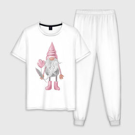 Мужская пижама хлопок с принтом Гномик седой с цветочком в Петрозаводске, 100% хлопок | брюки и футболка прямого кроя, без карманов, на брюках мягкая резинка на поясе и по низу штанин
 | 