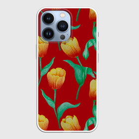 Чехол для iPhone 13 Pro с принтом Тюльпаны на красном фоне в Петрозаводске,  |  | 8 марта | flowers | summer | ботаническая иллюстрация | весна | желтый | зеленый | красный | лето | любовь | праздник | принт | природа | растения | тюльпаны | цветы