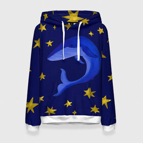 Женская толстовка 3D с принтом Звездный кит в Петрозаводске, 100% полиэстер  | двухслойный капюшон со шнурком для регулировки, мягкие манжеты на рукавах и по низу толстовки, спереди карман-кенгуру с мягким внутренним слоем. | звезды | золотые | кит | ночное небо | синий | созвездие