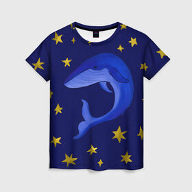 Женская футболка 3D с принтом Звездный кит в Петрозаводске, 100% полиэфир ( синтетическое хлопкоподобное полотно) | прямой крой, круглый вырез горловины, длина до линии бедер | звезды | золотые | кит | ночное небо | синий | созвездие