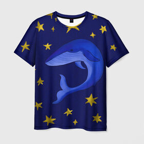 Мужская футболка 3D с принтом Звездный кит в Петрозаводске, 100% полиэфир | прямой крой, круглый вырез горловины, длина до линии бедер | Тематика изображения на принте: звезды | золотые | кит | ночное небо | синий | созвездие