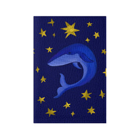 Обложка для паспорта матовая кожа с принтом Звездный кит в Петрозаводске, натуральная матовая кожа | размер 19,3 х 13,7 см; прозрачные пластиковые крепления | Тематика изображения на принте: звезды | золотые | кит | ночное небо | синий | созвездие