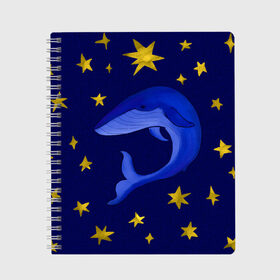 Тетрадь с принтом Звездный кит в Петрозаводске, 100% бумага | 48 листов, плотность листов — 60 г/м2, плотность картонной обложки — 250 г/м2. Листы скреплены сбоку удобной пружинной спиралью. Уголки страниц и обложки скругленные. Цвет линий — светло-серый
 | звезды | золотые | кит | ночное небо | синий | созвездие