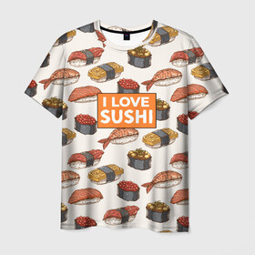 Мужская футболка 3D с принтом I love sushi Я люблю суши в Петрозаводске, 100% полиэфир | прямой крой, круглый вырез горловины, длина до линии бедер | japan | japanese | виды суши | гункан | гунканы | икра | красная икра | красная рыба | креветка | лосось | маки | нигири | омлет | паттерн | ролл | роллы | сашими | суси | узор | фастфуд | форель | футомаки