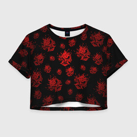 Женская футболка Crop-top 3D с принтом RED SAMURAI PATTERN в Петрозаводске, 100% полиэстер | круглая горловина, длина футболки до линии талии, рукава с отворотами | 2019 | cd project red | cyberpunk 2077 | cyberpunk fashion | hacker | keanu reeves | maelstrom | militech | night city | quadra | samurai | samurai cyberpunk 2077 | sci fi | trauma team | v | ви | киану ривз | киберпанк 2077 | логотип | роботы | 