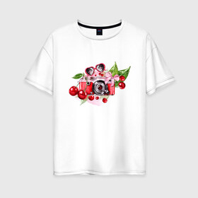 Женская футболка хлопок Oversize с принтом Воспоминания о лете в Петрозаводске, 100% хлопок | свободный крой, круглый ворот, спущенный рукав, длина до линии бедер
 | вишня | жара | июнь | листья | фотоаппарат | черешня