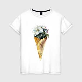 Женская футболка хлопок с принтом Мороженко в Петрозаводске, 100% хлопок | прямой крой, круглый вырез горловины, длина до линии бедер, слегка спущенное плечо | акварель | букет | мороженое | цветы