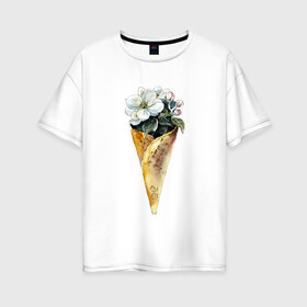 Женская футболка хлопок Oversize с принтом Мороженко в Петрозаводске, 100% хлопок | свободный крой, круглый ворот, спущенный рукав, длина до линии бедер
 | акварель | букет | мороженое | цветы