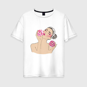 Женская футболка хлопок Oversize с принтом Моя любовь-пончики в Петрозаводске, 100% хлопок | свободный крой, круглый ворот, спущенный рукав, длина до линии бедер
 | вкусно | девушка | пончик | сладости