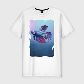 Мужская футболка хлопок Slim с принтом Рыбка в Петрозаводске, 92% хлопок, 8% лайкра | приталенный силуэт, круглый вырез ворота, длина до линии бедра, короткий рукав | tegunvteg | акварель | аквариумнаярыбка | вода | петушок | рыбка