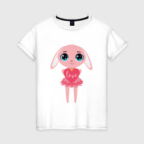 Женская футболка хлопок с принтом Зайчик с сердечком в Петрозаводске, 100% хлопок | прямой крой, круглый вырез горловины, длина до линии бедер, слегка спущенное плечо | love | rabbit | зайка | зайчик | кролик | любовь | сердечко