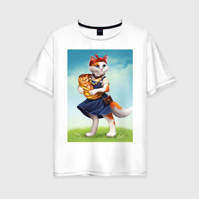Женская футболка хлопок Oversize с принтом Мама-кошка в Петрозаводске, 100% хлопок | свободный крой, круглый ворот, спущенный рукав, длина до линии бедер
 | кошка | лето | мама | ребенок | фотоаппарат