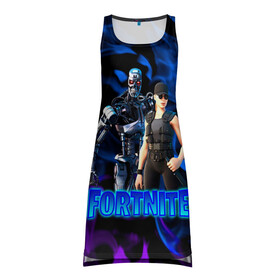 Платье-майка 3D с принтом Fortnite T-800/Sarah в Петрозаводске, 100% полиэстер | полуприлегающий силуэт, широкие бретели, круглый вырез горловины, удлиненный подол сзади. | fortnite | heroes | logo game | marshmallow | marshmello | sarah | sarah connor | t 800 | terminator | битва | бойцы | игра | карась | логотипы игр | маршмеллоу | персонажи игр | робот | сара коннор | терминатор | фортнайт