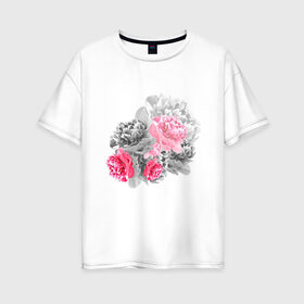 Женская футболка хлопок Oversize с принтом Букет в Петрозаводске, 100% хлопок | свободный крой, круглый ворот, спущенный рукав, длина до линии бедер
 | акварель | девушка | нежность | пионы | цветы